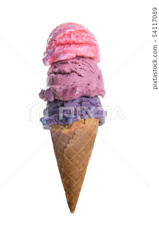 Stack of colourful ice cream scoops in a cone Stack of colourful ice cream scoops in a cone 54117089