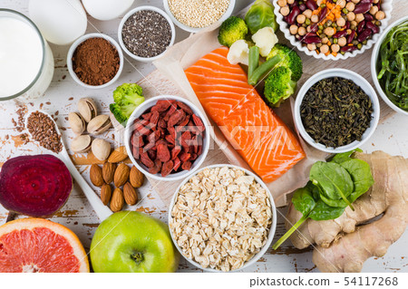 Selection of superfoods on rustic background Selection of superfoods on rustic background 54117268