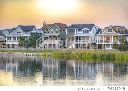 Scenic view of Oquirrh Lake with homes in Utah 54118949