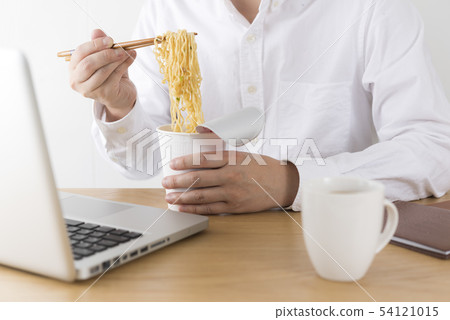 Men eating cup ramen Men eating cup ramen 54121015