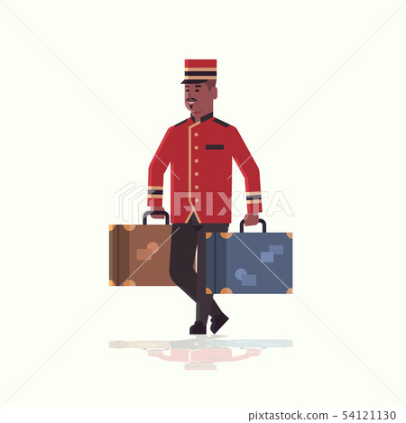 bell boy carrying suitcases service concept african american bellman holding luggage male hotel 54121130