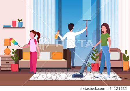 family doing housework together father wiping glass window mother using vacuum cleaner daughter family doing housework together father wiping glass window mother using vacuum cleaner daughter 54121383