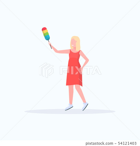 smiling housewife holding dust brush woman cleaner dusting cleaning service housework concept full smiling housewife holding dust brush woman cleaner dusting cleaning service housework concept full 54121403
