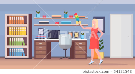 housewife holding dust brush woman cleaner doing housework dusting wooden shelf cleaning housewife holding dust brush woman cleaner doing housework dusting wooden shelf cleaning 54121548