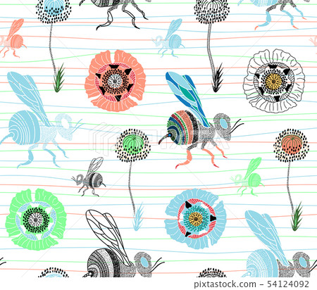 Seamless vector pattern with cute hand drawn bee 54124092