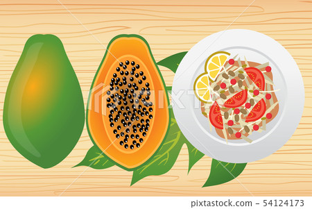 papaya salad on the the wooden table 54124173