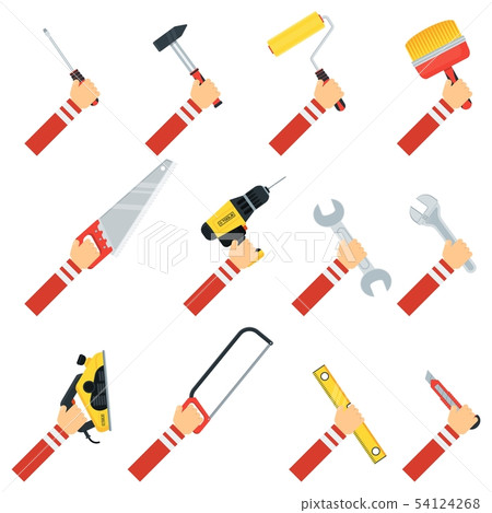 Set of hands with tools for repair. Set of hands with tools for repair. 54124268