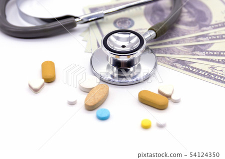 Stethoscope with dollar bank and medicine capsules Stethoscope with dollar bank and medicine capsules 54124350