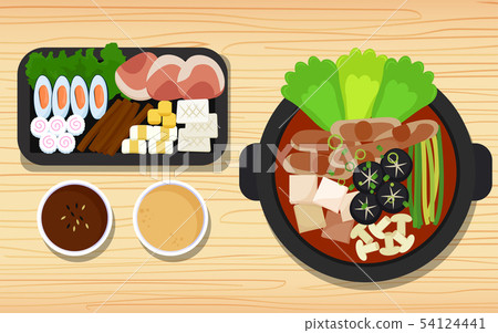 Hotpot and ingredients on the wooden table 54124441