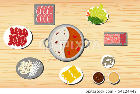 Hotpot and ingredients on the wooden table 54124442