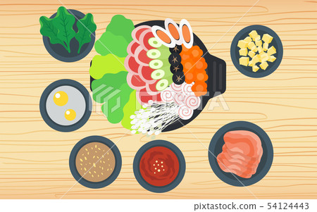 Hotpot and ingredients on the wooden table 54124443