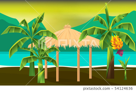 wooden gazebo at the river in sunset 54124636