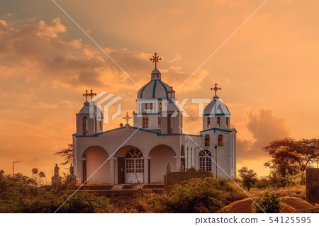 Orthodox Christian Church in sunset, Ethiopia 54125595