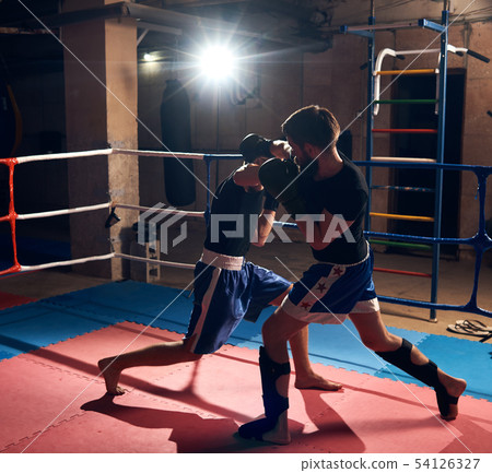 Boxers training kickboxing in the ring at the health club 54126327