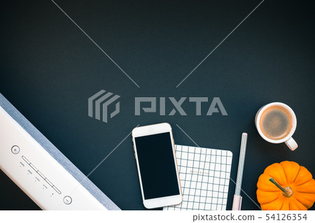 Table with sound bar mobile phone and coffee cup Table with sound bar mobile phone and coffee cup 54126354