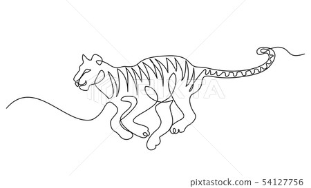 Continuous one line drawing. Tiger jumping symbol. 54127756