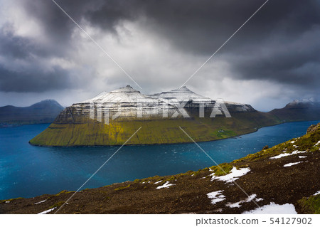 Island of Kalsoy viewed from the Klakkur mountain near Klaksvik on Faroe Islands 54127902