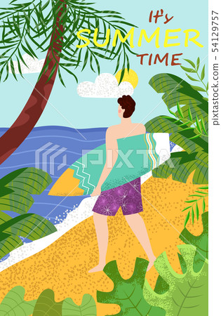 Man Going with Surfboard on Beach, Summer Vector 54129757