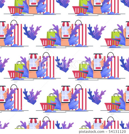 Seamless Pattern with Hand Holding Phone and Bags 54131120