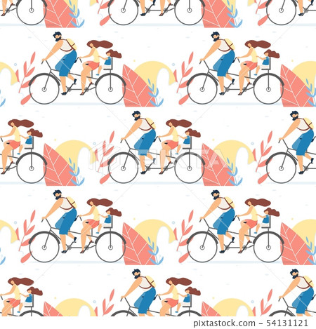 Flat Seamless Pattern with Family on Tandem Bike 54131121