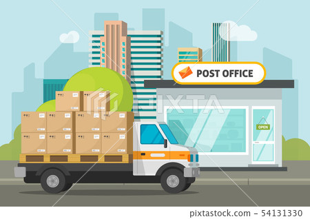 Post office on city street and cargo truck loaded parcel boxes vector illustration, flat cartoon 54131330