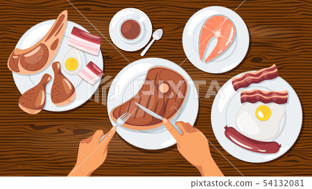Person eating meat dishes flat vector illustration Person eating meat dishes flat vector illustration 54132081