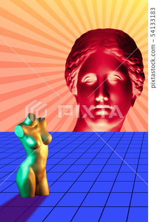 Modern conceptual art poster with Venus head and female torso mannequin. Contemporary art collage. Modern conceptual art poster with Venus head and female torso mannequin. Contemporary art collage. 54133183