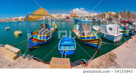 Taditional eyed boats Luzzu in Marsaxlokk, Malta Taditional eyed boats Luzzu in Marsaxlokk, Malta 54133943
