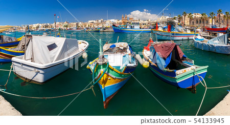 Taditional eyed boats Luzzu in Marsaxlokk, Malta 54133945