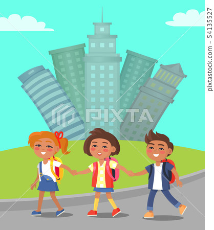 Children Walking in City Cityscape with Skyscrapers Children Walking in City Cityscape with Skyscrapers 54135527
