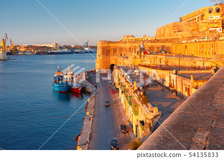 Valletta and the Grand Harbor at dawn. Malta. 54135833