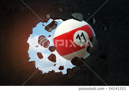 3d rendering of pool and billiard ball breaking black wall 54141331