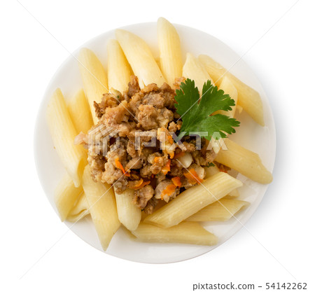 Pasta with minced meat in a plate, on a white Pasta with minced meat in a plate, on a white 54142262