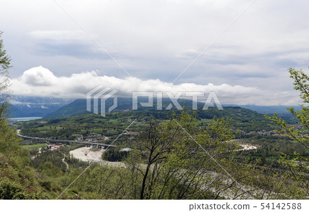 Day foto of aerial view the Piave river valley Day foto of aerial view the Piave river valley 54142588