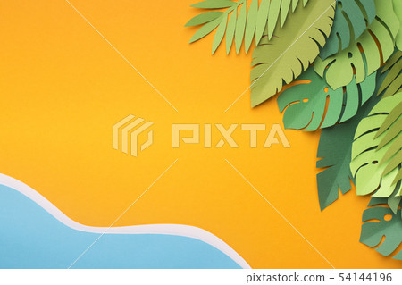Summer creative wallpaper with tropical resort near the water Summer creative wallpaper with tropical resort near the water 54144196