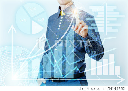 Businessman interacts with virtual screen, analyze data. Innovation Graphs Interfaces. 54144262