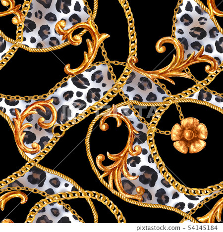 Golden baroque chain glamour leopard seamless 54145184