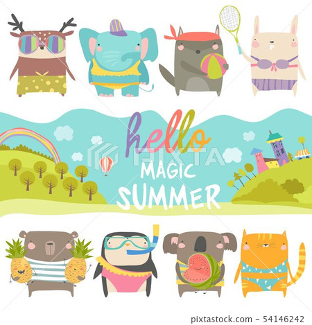 Set of cute animals with summer theme on white background 54146242