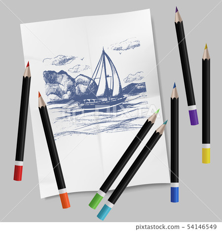 Hand drawn stationery set. Vector color illustration. Set of artist colored pencils and sketch 54146549