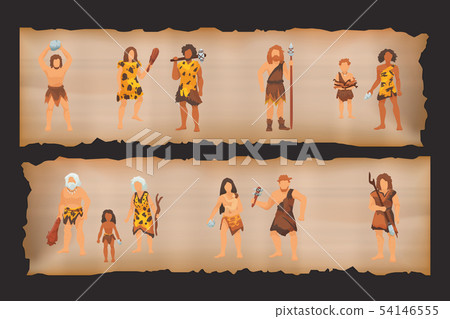 Stone age primitive people tribes in stone caves near fire place. Barbarian Caveman ancient women in 54146555