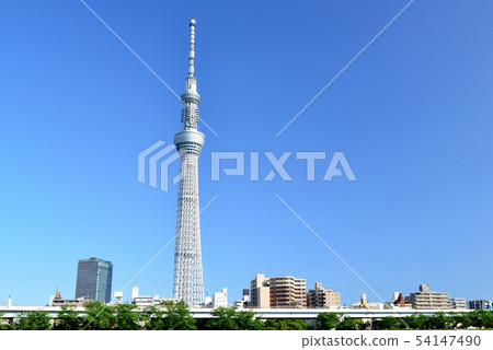 A view of Tokyo Sky Tree in the blue sky seen from the Sumida River 54147490