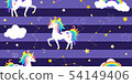 Vector background with unicorns, rainbow, constellations and other elements. 54149406