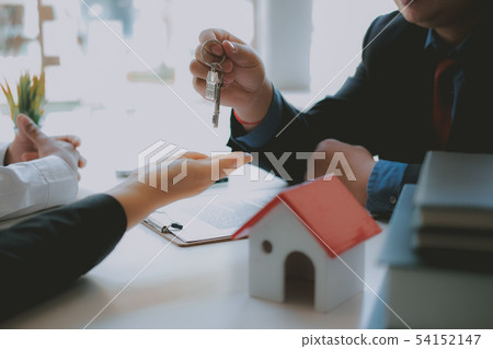 lawyer insurance broker consulting giving legal advice to couple customer about buying renting house. financial advisor with mortgage loan investment contract. realtor selling real estate 54152147