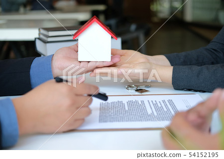 lawyer insurance broker consulting giving legal advice to couple customer about buying renting house. financial advisor with mortgage loan investment contract. realtor selling real estate 54152195