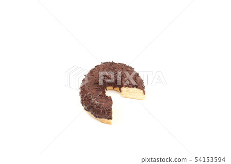 Bitten chocolate donut with sprinkles isolated on white background. Top view Bitten chocolate donut with sprinkles isolated on white background. Top view 54153594