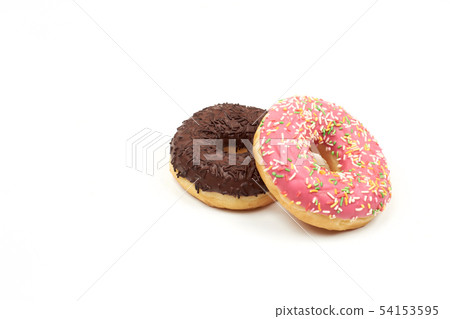 Tasty chocolate donut and Pink donut with colorful sprinkles on white background Tasty chocolate donut and Pink donut with colorful sprinkles on white background 54153595