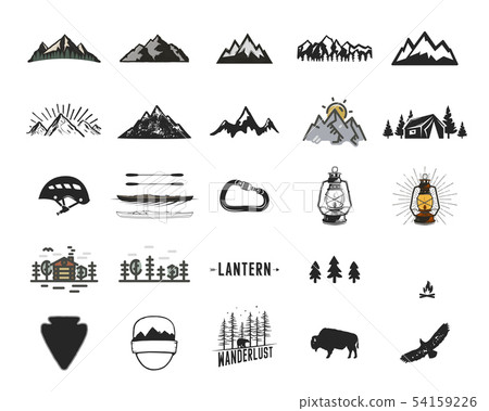 Vintage camping icons and adventure symbols illustrations set. Hiking shapes of mountains, trees Vintage camping icons and adventure symbols illustrations set. Hiking shapes of mountains, trees 54159226