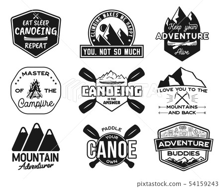 Vintage canoe kayaking logos patches set. Hand drawn camping labels designs. Mountain expedition 54159243