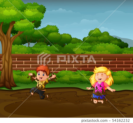Happy kids playing in the mud Happy kids playing in the mud 54162232