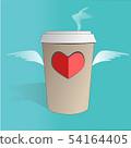 Illustration of flying paper coffee cup with heart and wings on blue background. Valentines day card 54164405